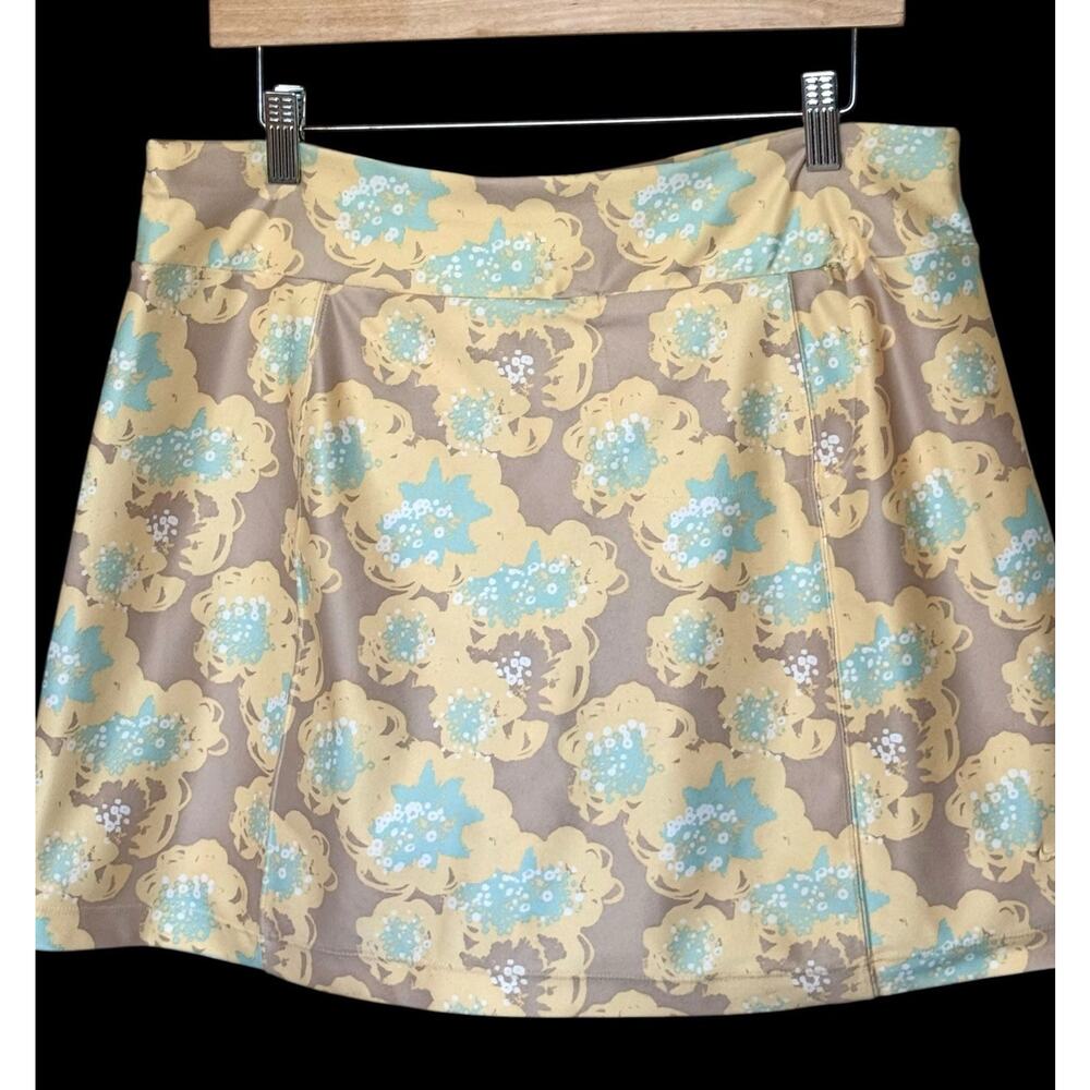 Nike Golf Skort Womens Size L Yellow Floral Print Attached Shorts Skirt Dri Fit